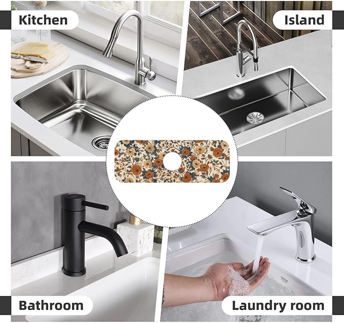 Faucet Draining Mat For Kitchen Sink, Peony Flower Blue Leaves Diatom Mud