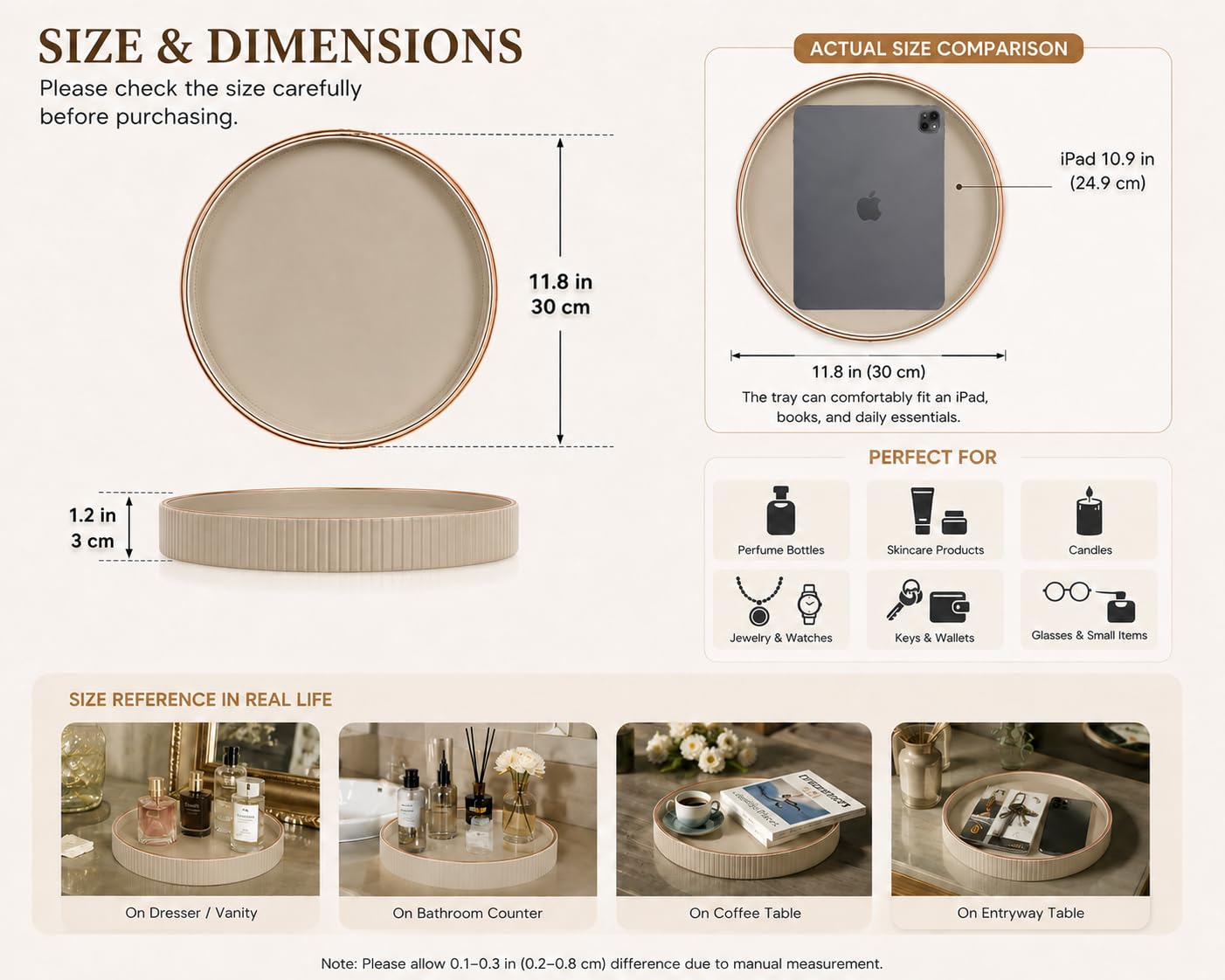 KINGFOM Round Decorative Tray, PU Leather Vanity Tray Organizer with Gold Trim for Dresser, Coffee Table & Bathroom Counter, Modern Home Decor Jewelry & Perfume Tray for Men Women (Beige)