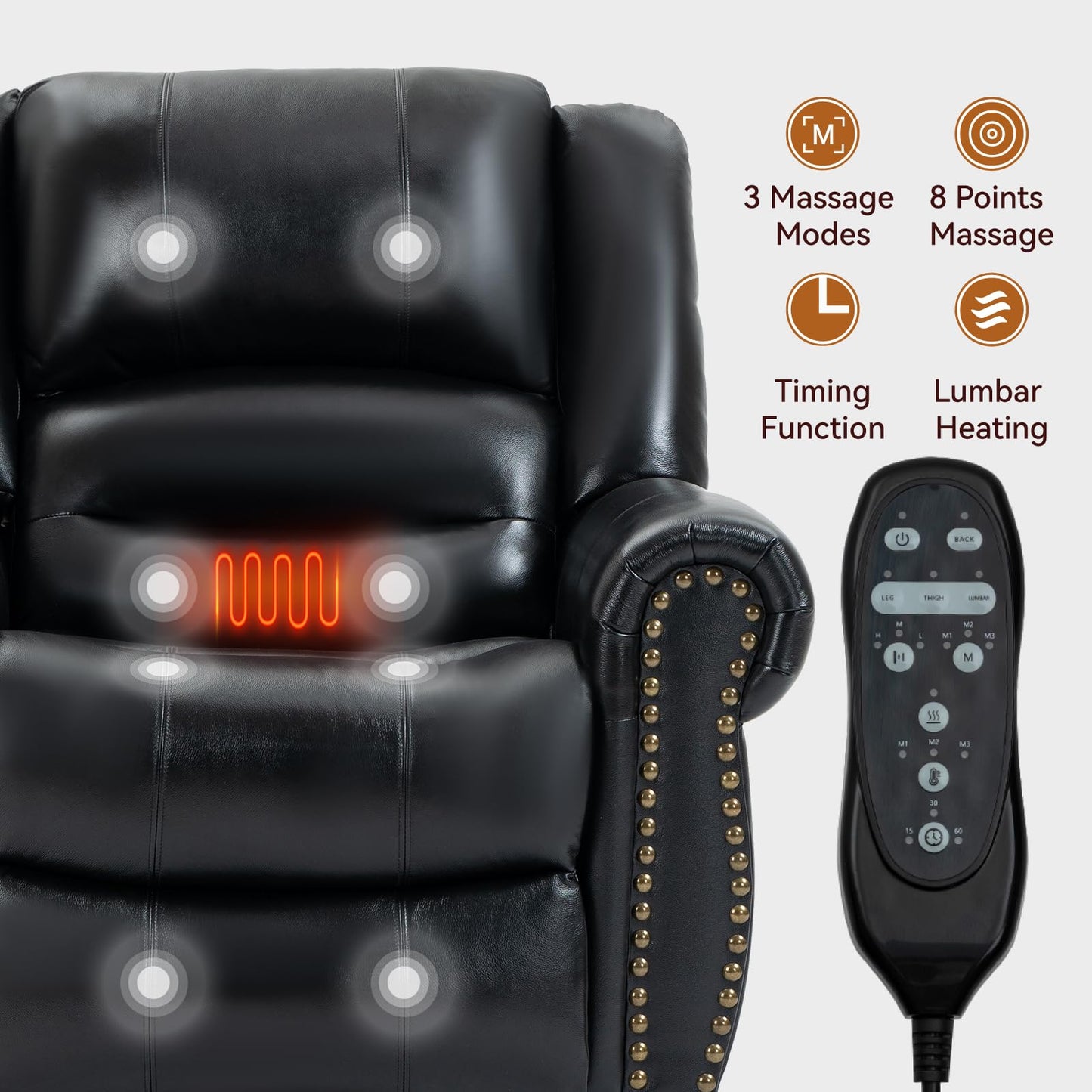 KEIKI Oversized Power Lift Recliner Rocking Chair for Adult, Genuine Leather Mid Century Modern Accent Chair with Back Message & Heat USB Port, Adjustable Home Theater Seating for Living Room, Black