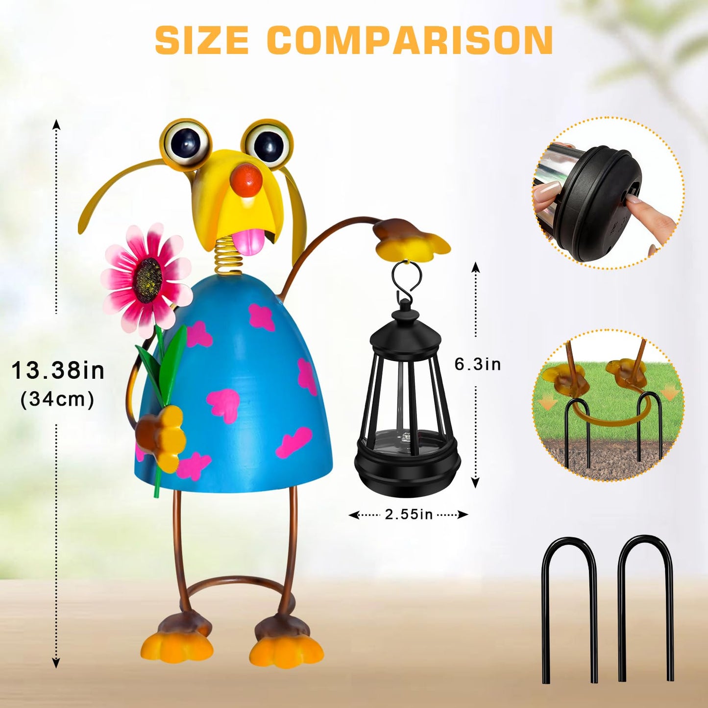 Solar Garden Lights Dog Statue with Solar Lantern Lights,13.38in Tall Dog Decor Outdoor Figurine Lights,Birthday Gifts for Women Mom Grandma,Big Metal Decorative Stakes for Patio,Porch,Yard Art,Lawn