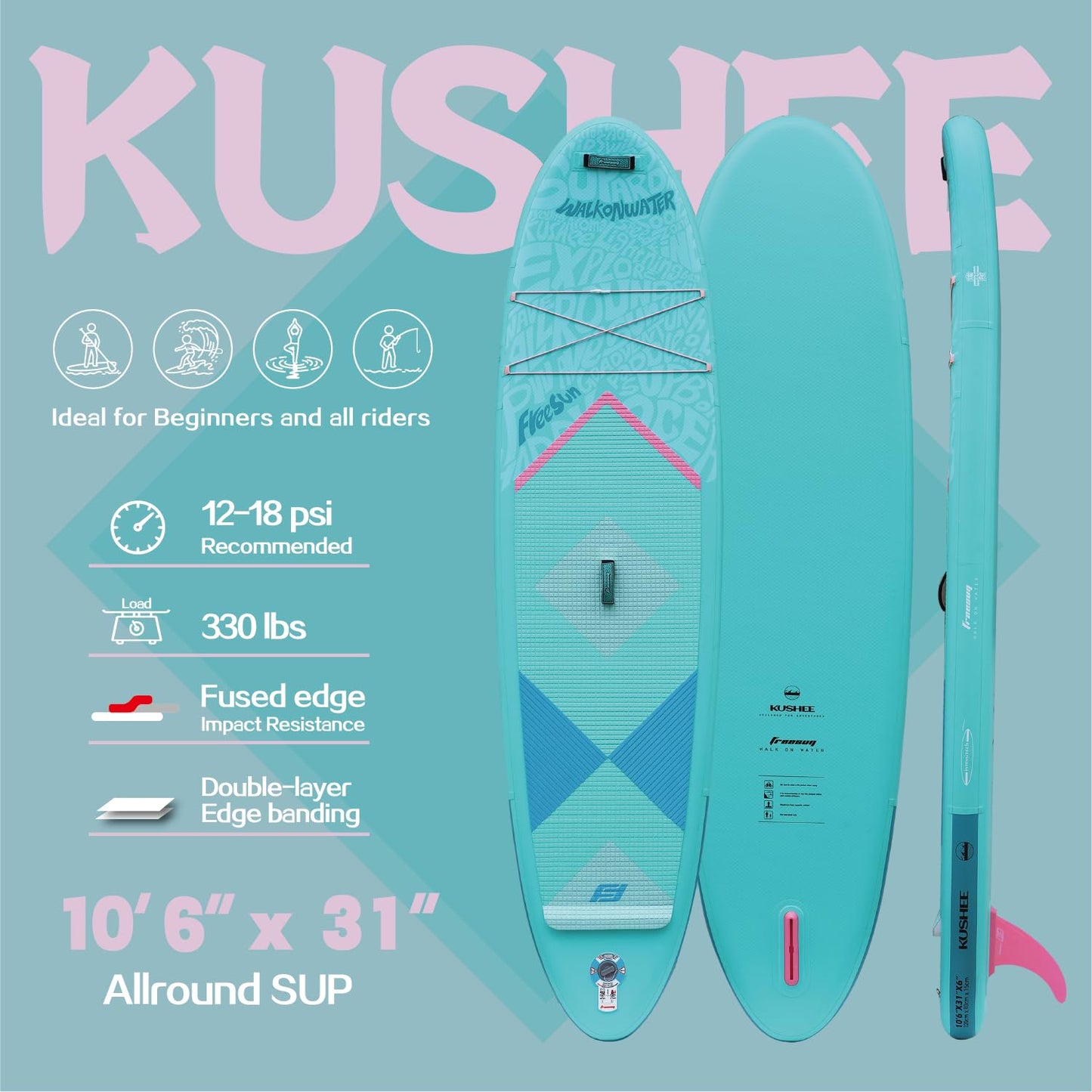 FREESUN KUSHEE 10’6” x 31” Inflatable Stand Up Paddle Board, All-Around iSUP for Beginners & Adults, Glue-Free Heat-Fusion Tech for Extra Durability, Stable Wide Nose, Lightweight Blow Up SUP,Blue