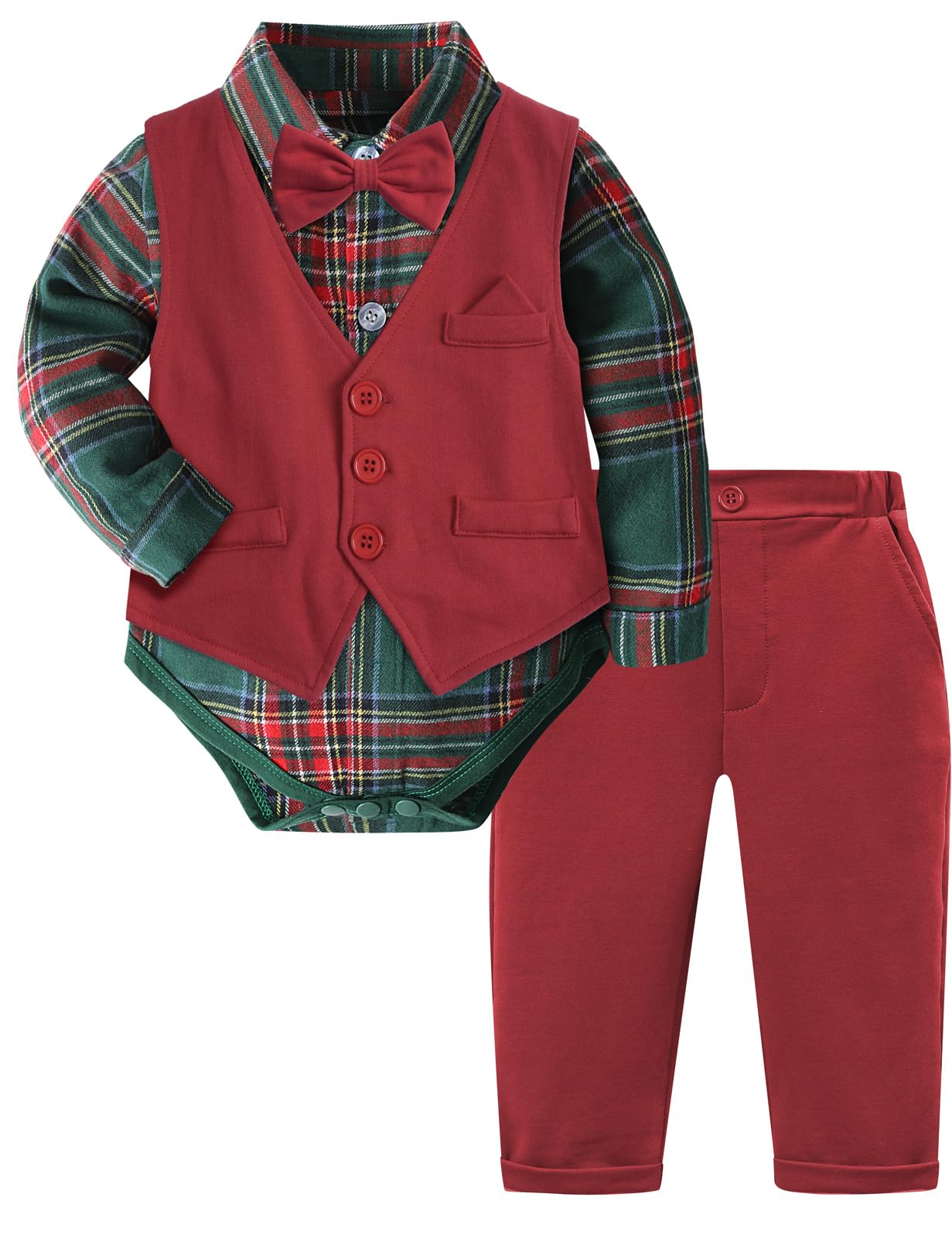 A&J DESIGN Baby Christmas Outfit Boy Infant Buffalo Plaid Flannel Tartan Wedding Formal Easter Dress Suit Green and Red 9-12 Months