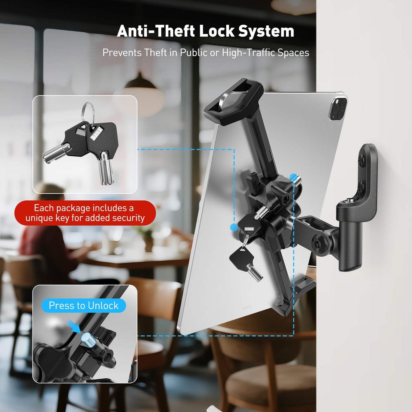 AboveTEK Anti-Theft iPad Wall Mount with Lock & Key, 360° Rotating Tablet Holder for 7.9"–14.6" Devices, Heavy-Duty Aluminum & Steel Kiosk Mount for POS, Restaurant, Retail & Business Displays
