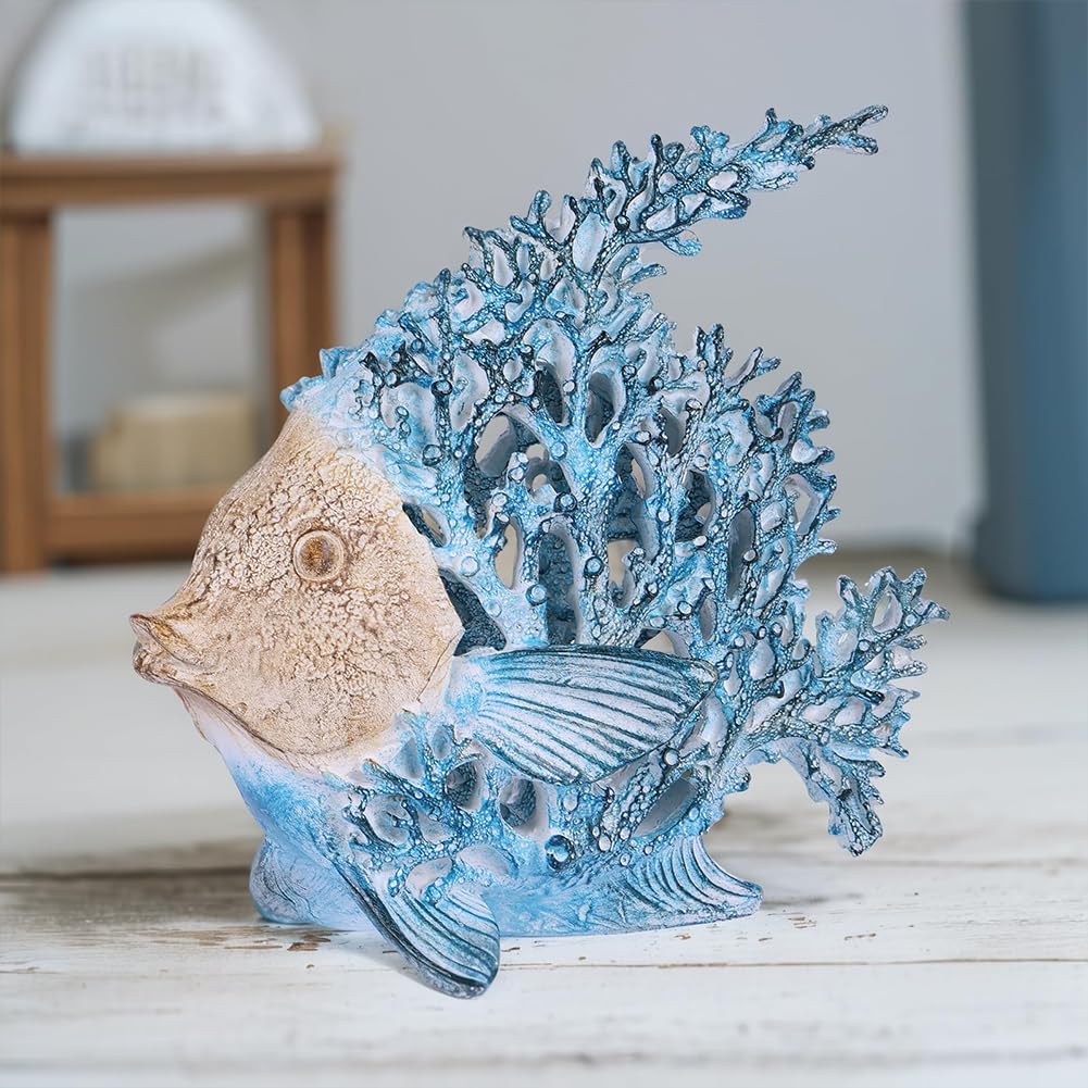 UANYEMON 7.28'' Ocean Coral Fish Sculpture – Resin Coastal Fish Figurine with Coral Backdrop, Ocean Blue & Sandy Beige Finish – Nautical Tabletop Accent for Living Room, Beach House & Bathroom Decor