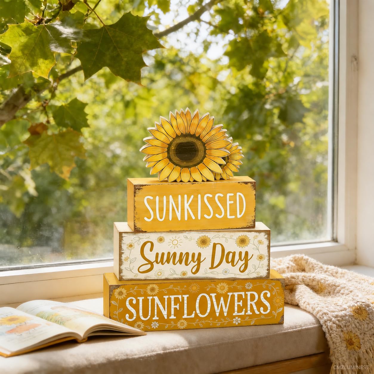 4 Pcs Sunflower Decor, Summer Rustic Farmhouse Tiered Tray Signs, Yellow Wooden Block Decorations with Sunkissed Sunny Day for Home Kitchen Office Coffee Bar Fireplace Mantel Floating Shelf