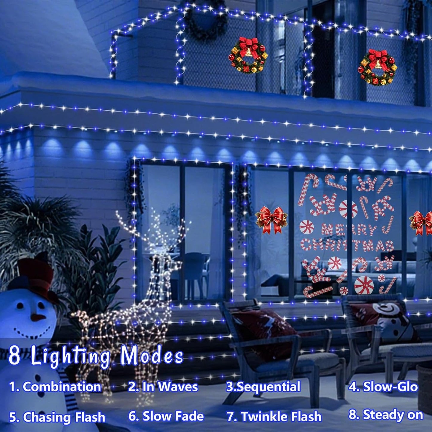 QITONG Blue and White Solar Rope Lights Outdoor, 2 Pack Each 33ft 100 LED String Light, Fairy Lights in Clear Thin Tube with 8 Modes