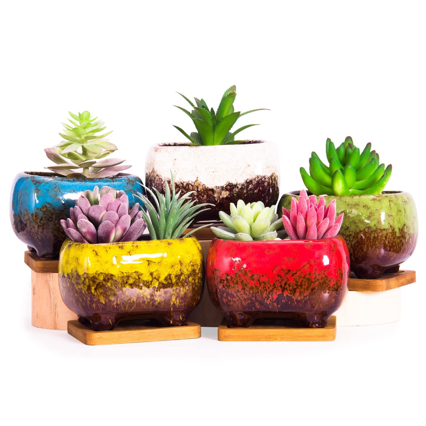 ARTKETTY Succulent Pots - 4.7 Inch Ceramic Succulent Planters Pots with Drainage Set of 5, Rectangular Bonsai Pots with Bamboo Trays Small Pots for Indoor Cactus Flower Plants for Home Office Decor
