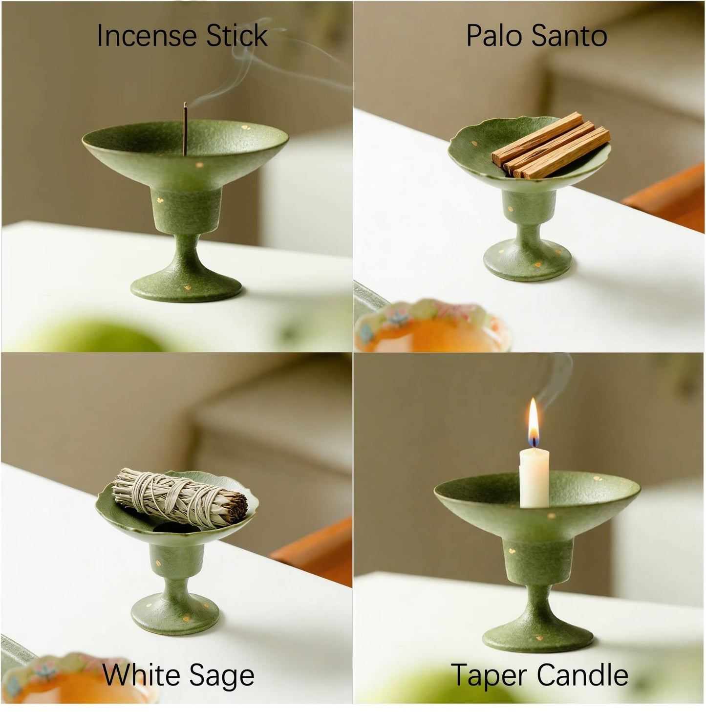 Hermit Life Incense Stick Holder with Fresh Lime-Green Glaze, Ceramic Incense Burner with Ash Catcher, Candlestick Holder for Table Décor (Round Rim)