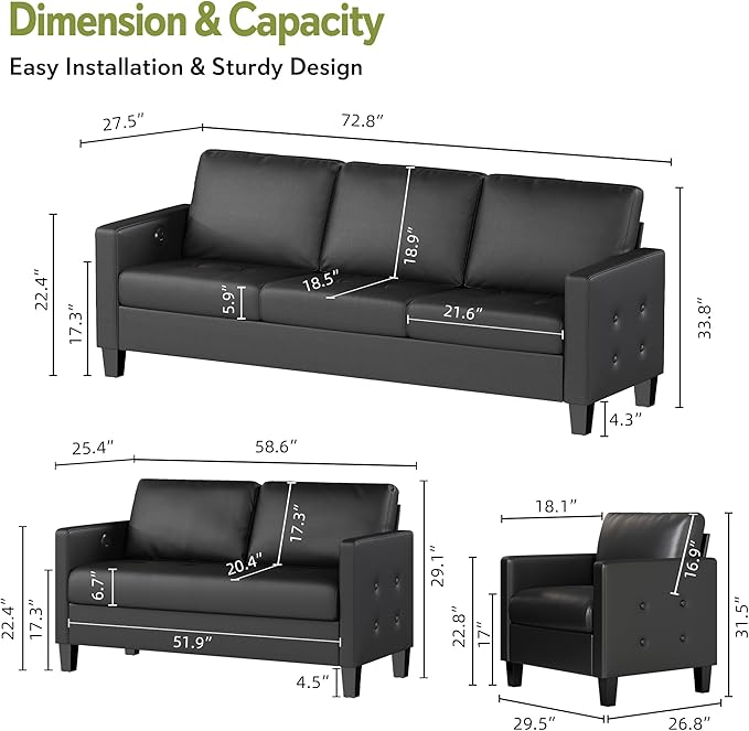 STHOUYN Black Faux Leather 3 Seater Sofa, Loveseat and Accent Chair, Modern