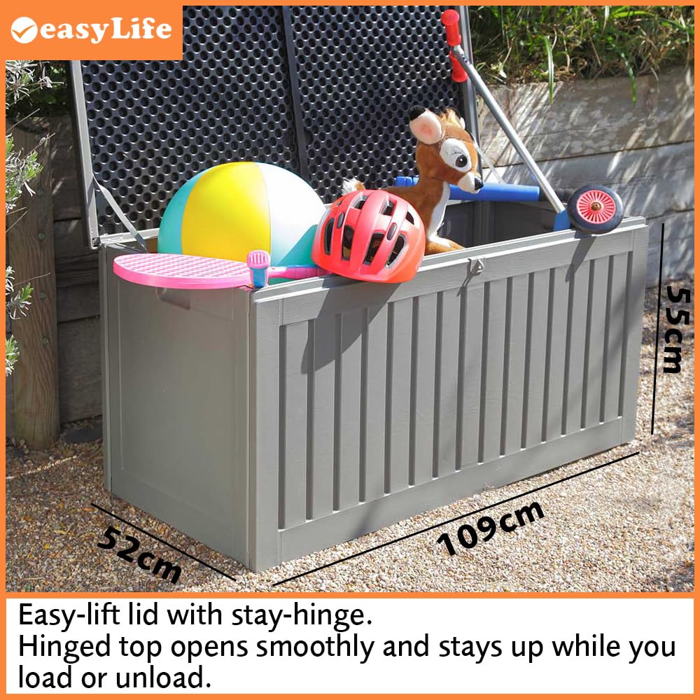 Easylife Steelcore270 Steel-Reinforced Garden Storage Box with 270 Litre Capacity, Lockable and Waterproof Garden Tool Storage Chest, No Tool Assembly, H53xW105xD49cm- Fully Guaranteed