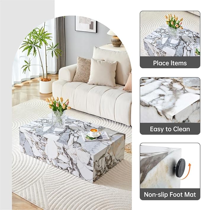 Faux Marble White Coffee Table, Rectangle MDF Living Room Table, Center Table