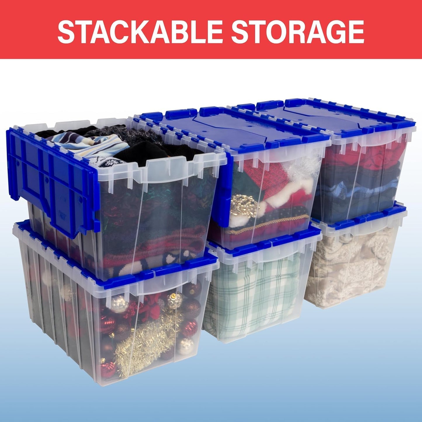 Akro-Mils KeepBox 12 Gallon Storage Container, Nesting and Stackable Plastic Storage Box with Lid Attached, Organizer Tote for Garages, Closets, and Moving, 21-1/2" x 15" x 12-1/2", Red/Green