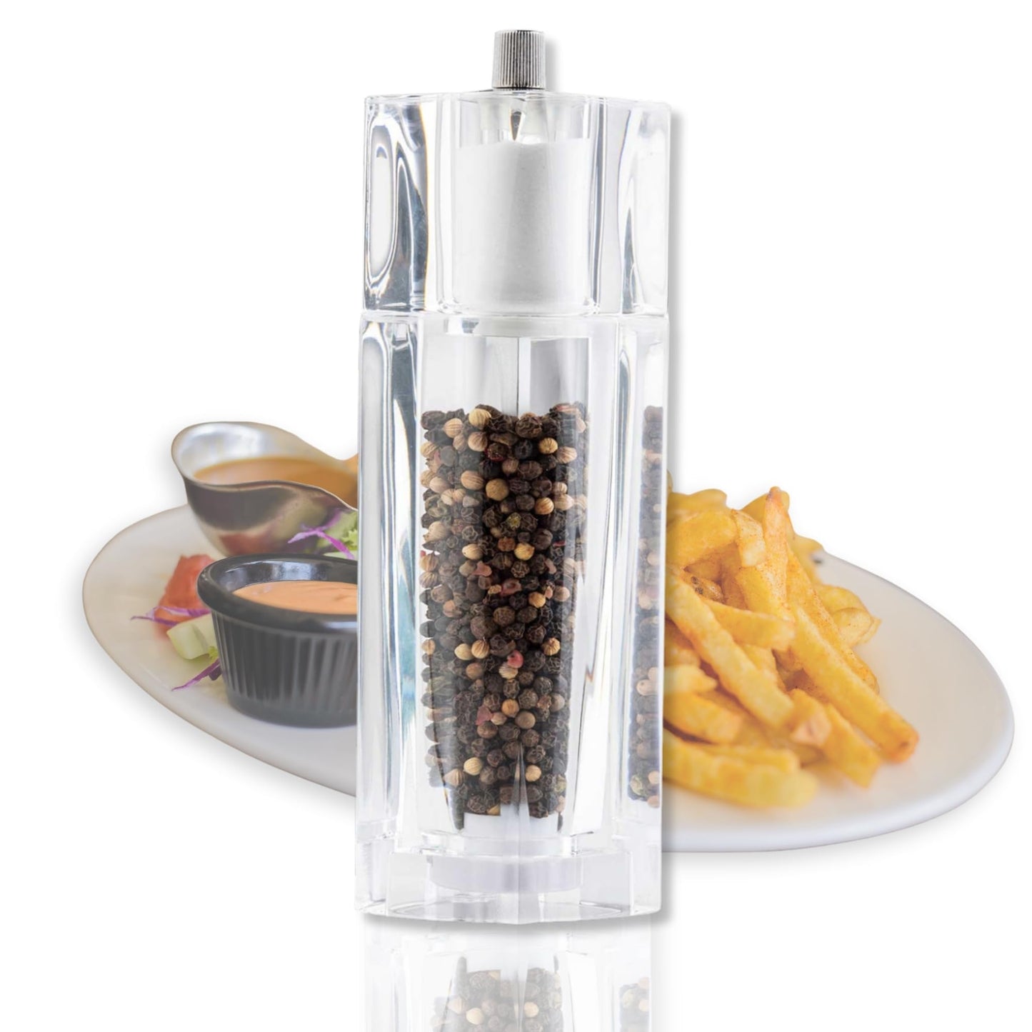 TableCraft 11832, Acrylic Salt and Pepper Mill Combo, 2-in-1 Grinder and Shaker, Clear, 30ml Shaker / 75ml Grinder, Break-Resistant, Square Design, Commercial Foodservice Grade