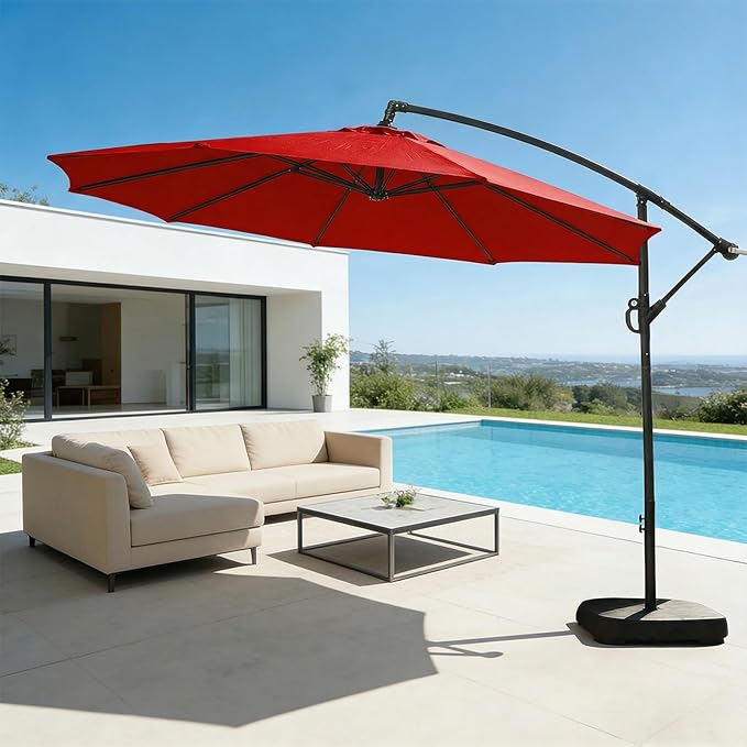 wikiwiki 10ft Patio Umbrella with Base Included, Outdoor Offset Cantilever Umbrella with Sandbag Base for Backyard, Garden and Pool, Easy to Tilt and Crank, Red