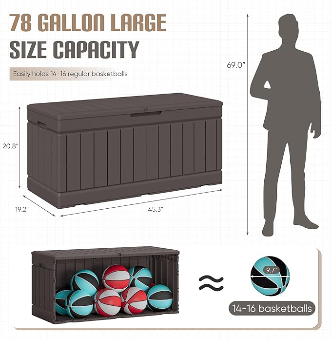 JUMMICO 78 Gallon Outdoor Deck Box Large Resin Storage Box for Patio Furniture Cushions and Garden Tools (Brown)