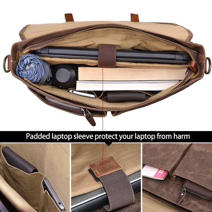 NEWHEY Mens Laptop Shoulder Canvas Messenger Bag Waterproof Computer Briefcase Notebook Vintage Satchel Designer School Work Bags Brown 15.6 Leather