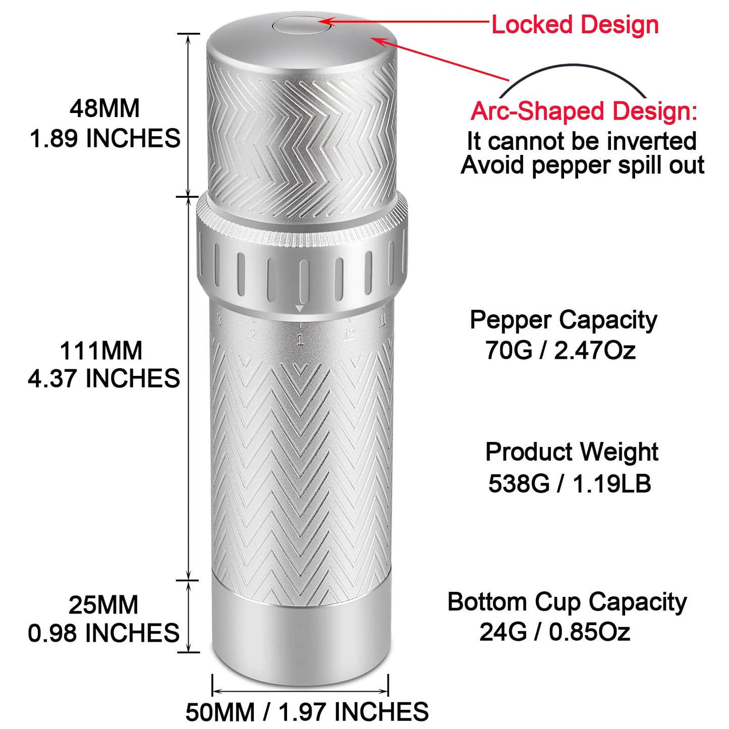 ARKNOAH Manual Pepper Mill Grinder - 12-Level Adjustable Coarseness, High-Output Spice Grinder with Aluminum Body & Stainless Steel Core, 70g Peppercorn Capacity
