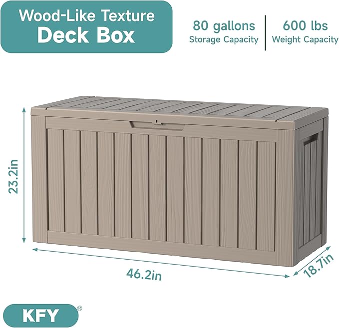 80 Gallon Waterproof Resin Deck Box, UV Resistant Outdoor Storage for Garden, Patio, Porch, Delivery, Grey