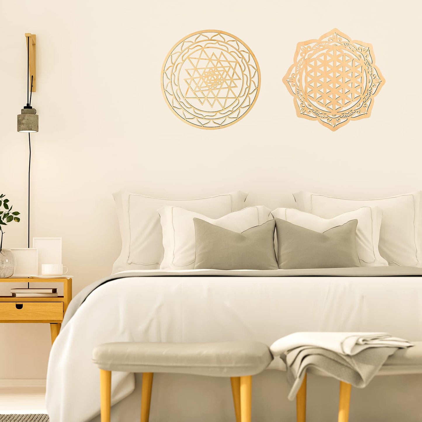 Youyole 4 Pcs 12 Inch Sacred Geometry Wood Wall Art Set Crystal Grid Board Zen Metatron Cube Sri Yantra Flower of Life Mandala Flower of Life Zen Wooden Wall Hanging Decor for Home Room