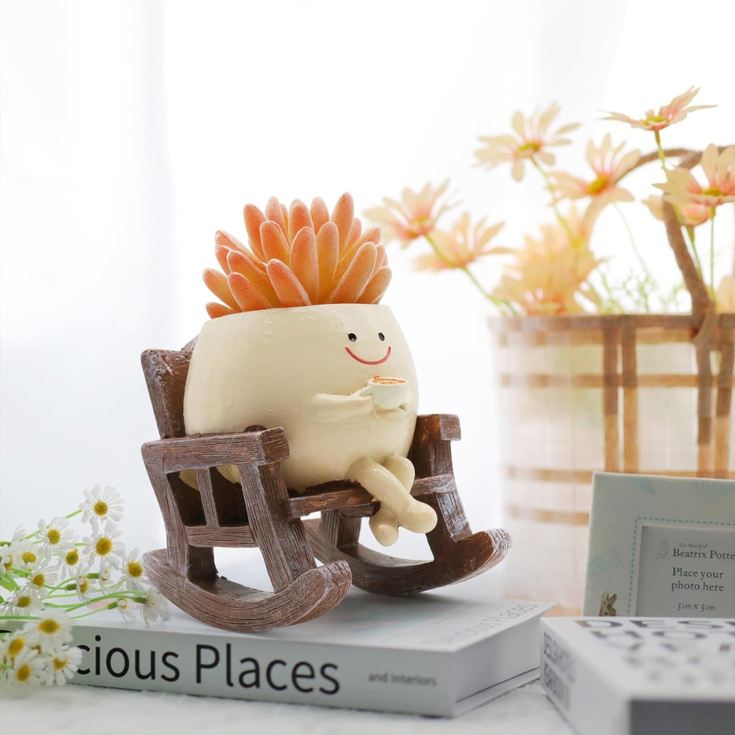 MUZZIOU Smiley Face Planter Pot, Cute Resin Smile Face Flower Head Plant Pot, Creative Flower Pot for Indoor Outdoor Plants, Funny Home Decoration (Drinking Coffee)