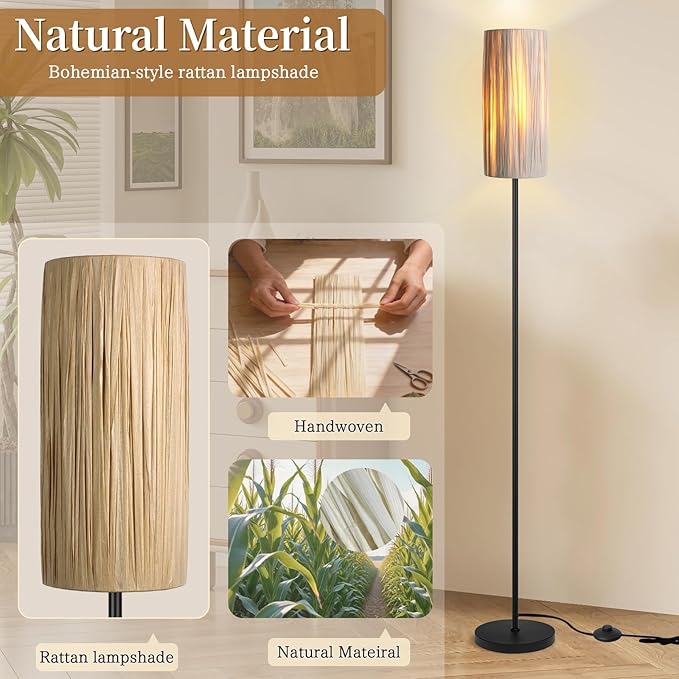 Ruiever Floor Lamp for Living Room, Rattan Boho Floor lamp, Modern Standing lamp