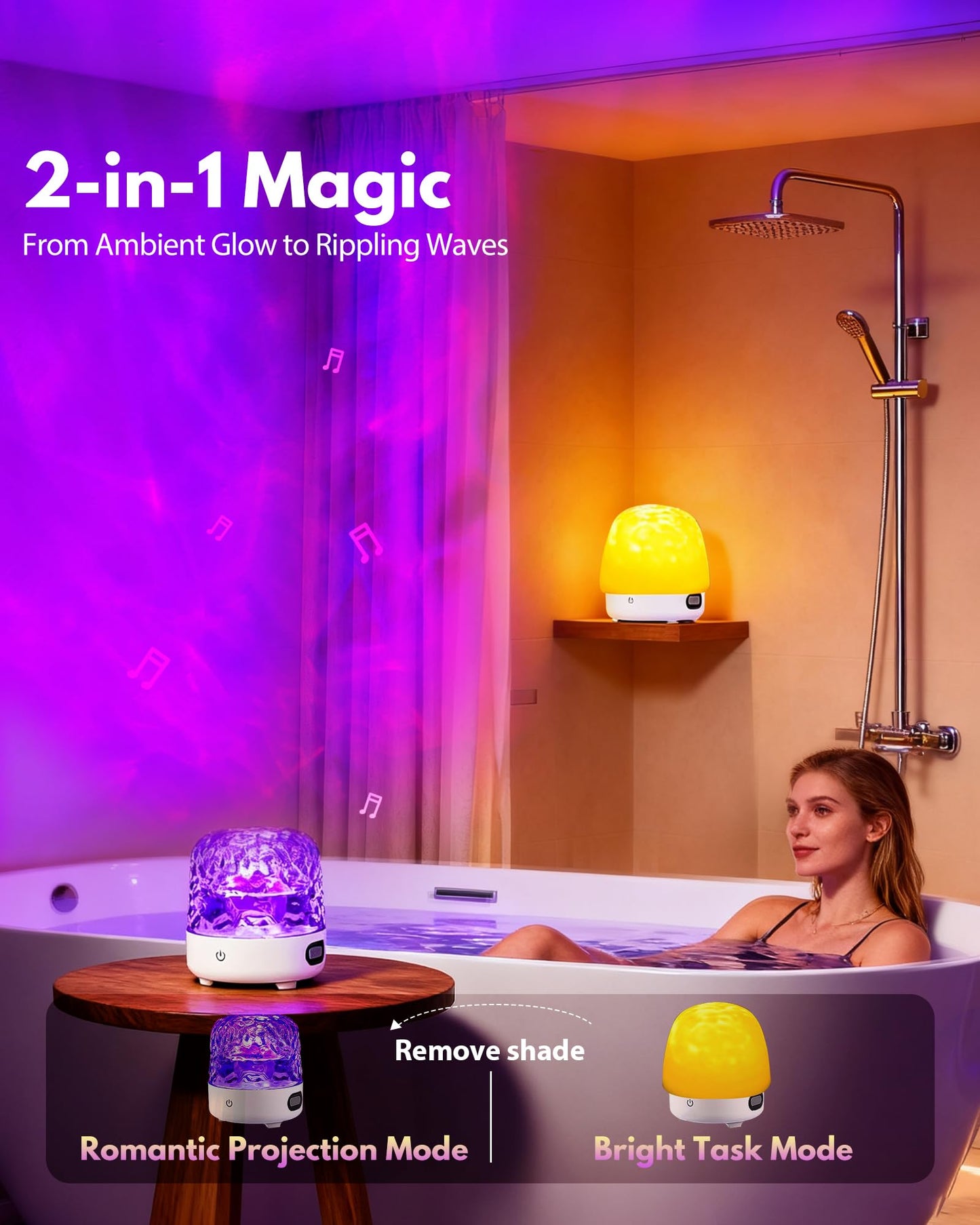 Shower Light with Bluetooth Speaker, Waterproof Shower Lamp with White Noise, 16 Colors Ocean Wave Projector Light with Remote & Touch Control, Music Lamps for Inside Shower Bathroom Bathtub