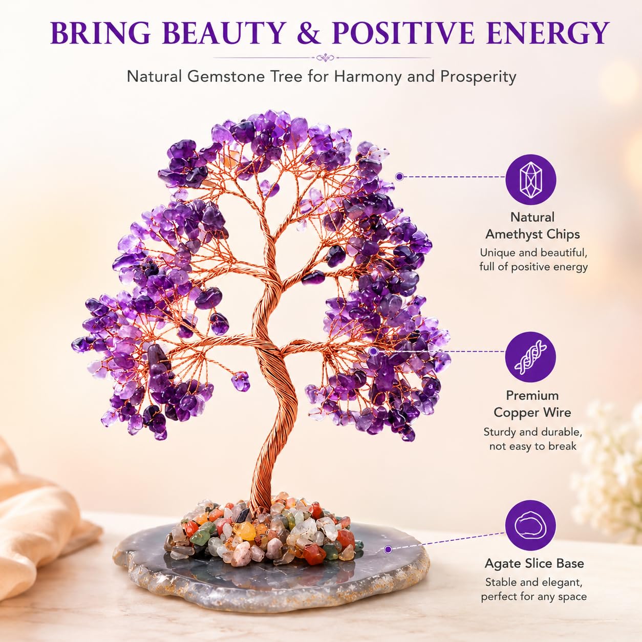 Geodora Amethyst Crystal Tree of Life, Healing Crystal Tree with Real Amethyst Stones, Chakra Tree of Life Crystal Tree for Positive Energy, Feng Shui Home Office Desk Decor, Spiritual Gifts for Women