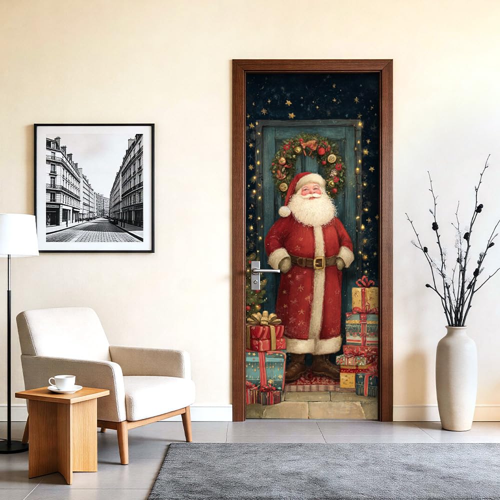 Santa Claus Christmas Door Mural Peel and Stick - Festive Holiday Gifts & Wreath Design, Decorative Self-Adhesive Door Decals for Indoor Room Decor, 30.31 x 78.74 Inch