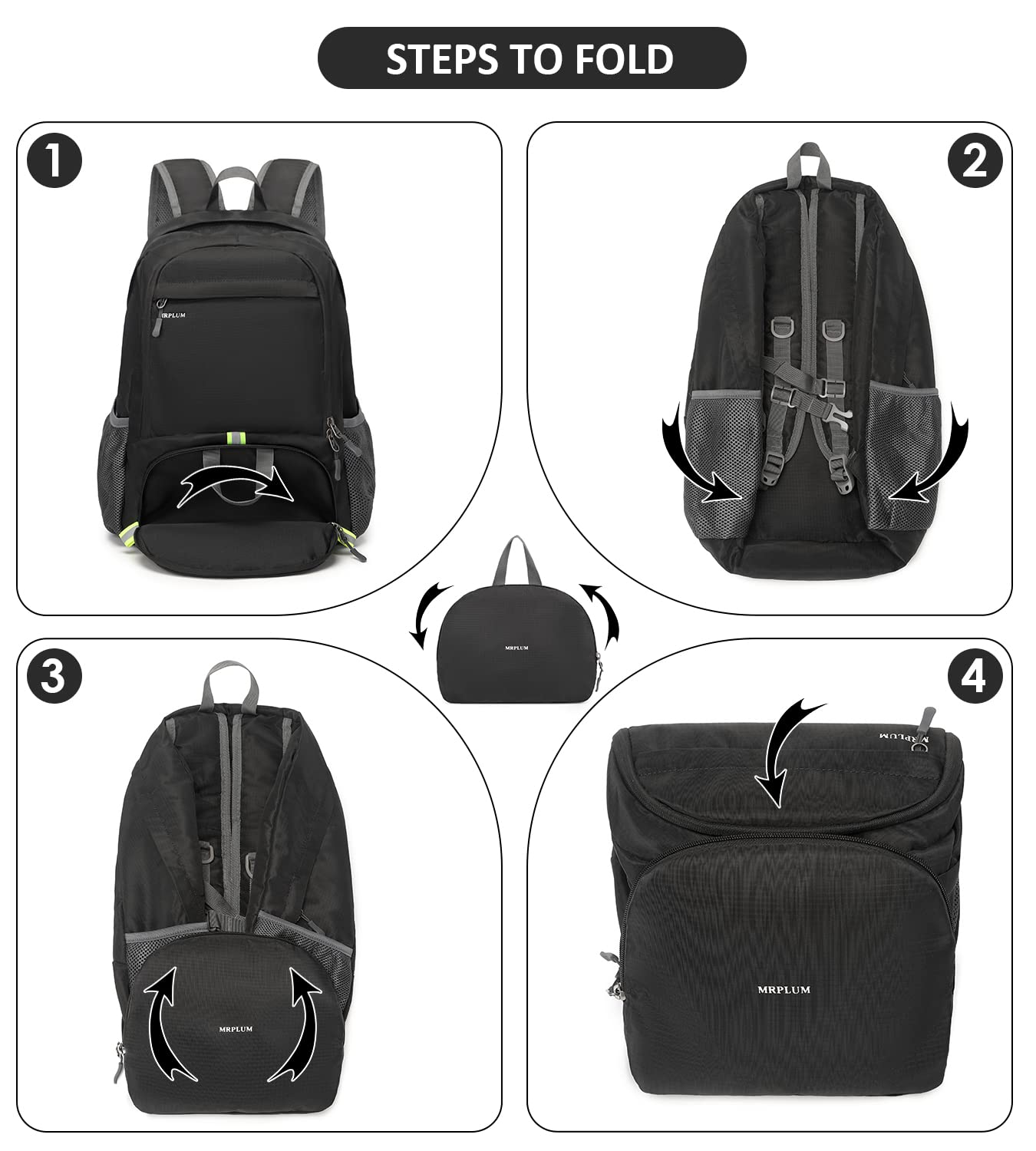 MRPLUM 30L Rucksack Foldable Ultralight Packable Backpack,Unisex Durable Handy Daypack for Travel & Outdoor Sports Durable&Waterproof (Black)