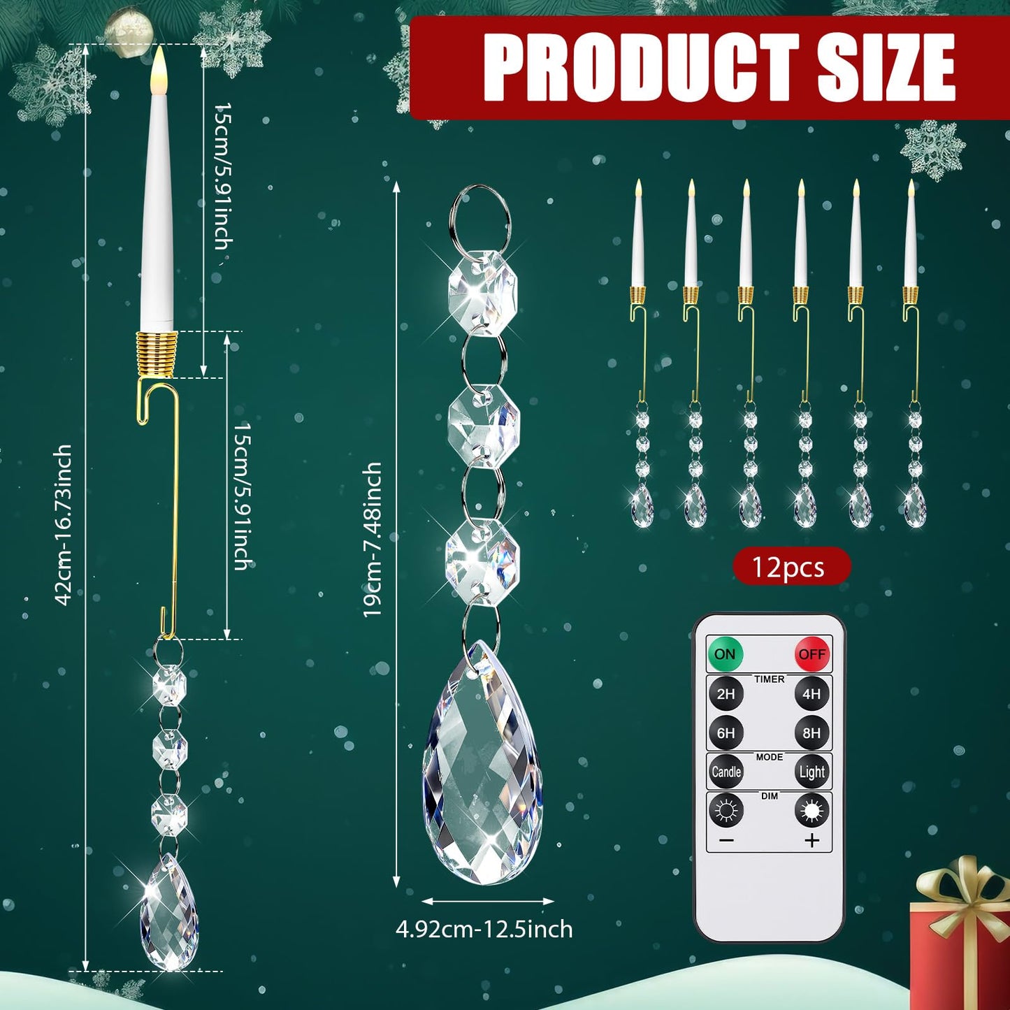Thyle 12 Pack Christmas Tree Candles with Remote Timer Christmas Tree LED Candles with Crystal Xmas Crystal Drop Pendants Ornaments for Home Xmas Flickering Flameless Party Decor (Clear,Classic)