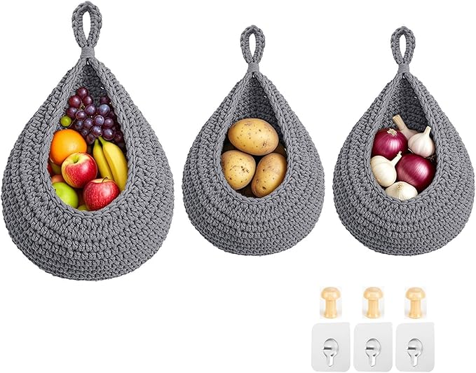 Hanging Fruit Baskets for Kitchen, 3 Pack Boho Cotton Rope Handwoven Vegetable