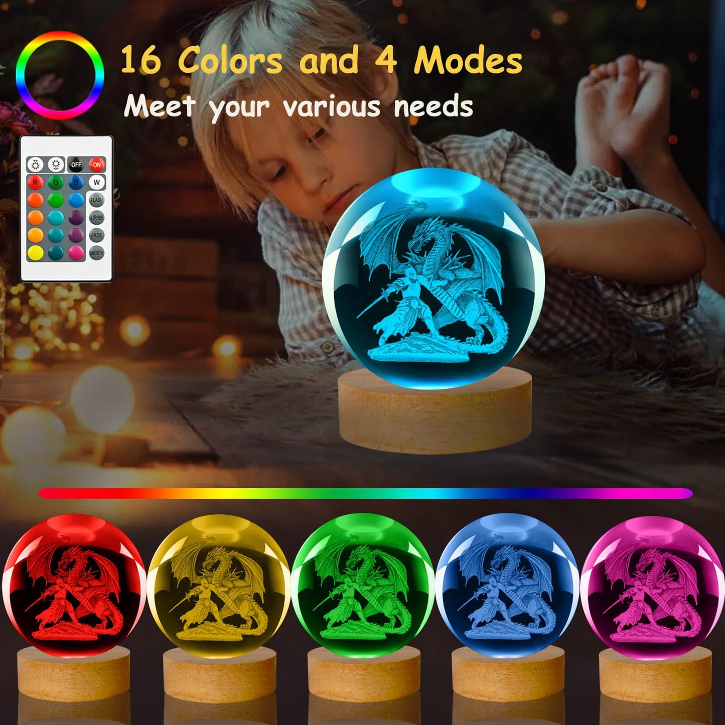 LINSINA 3D Dragon and Knight Lamp, 3.15in 16 Colors Crystal Ball Night Light with Wooden Base and Remote Control, Birthday Gift and Dragon Gifts for Women Men Kids