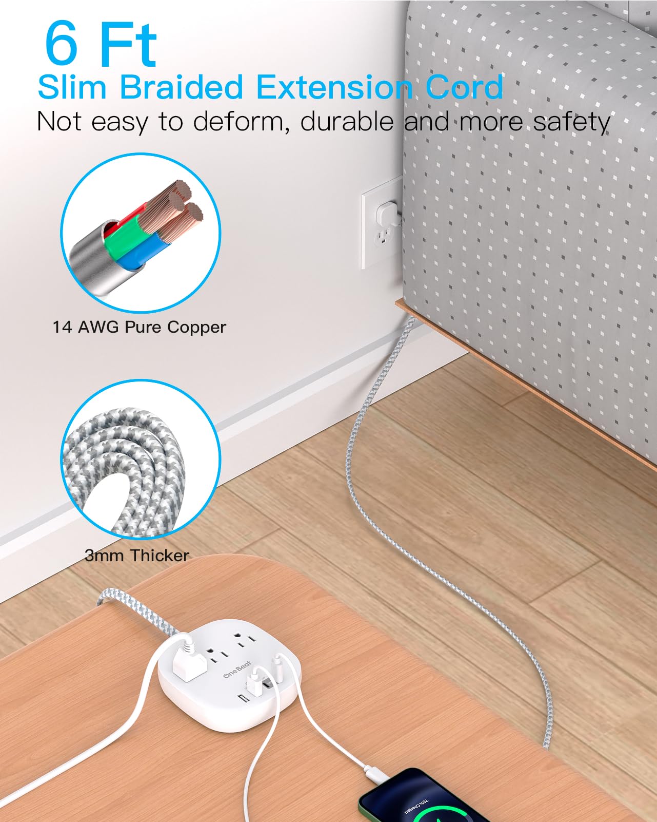 Flat Plug Power Strip, 6ft Ultra Flat Extension Cord - 3 Outlets 4 USB Ports (2 USB C) 22.5W/4.5A Desktop Charging Station, Power Strip No Surge Protection for Cruise Ship, Dorm Room Travel Essentials