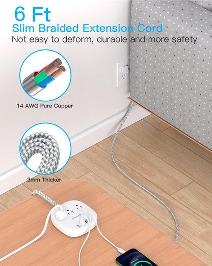 Flat Plug Power Strip, 6ft Ultra Flat Extension Cord - 3 Outlets 4 USB Ports (2 USB C) 22.5W/4.5A Desktop Charging Station, Power Strip No Surge Protection for Cruise Ship, Dorm Room Travel Essentials