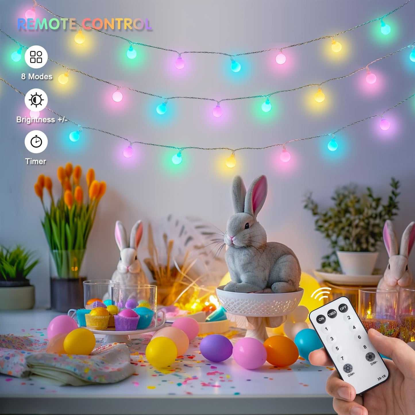 JMEXSUSS 100 LED Connectable Easter Lights String Indoor, 33 ft Globe String Lights Plug in with Remote, 8 Modes Timer Pastel Christmas Light Outdoor for Bedroom Tree Room Party Easter Decoration