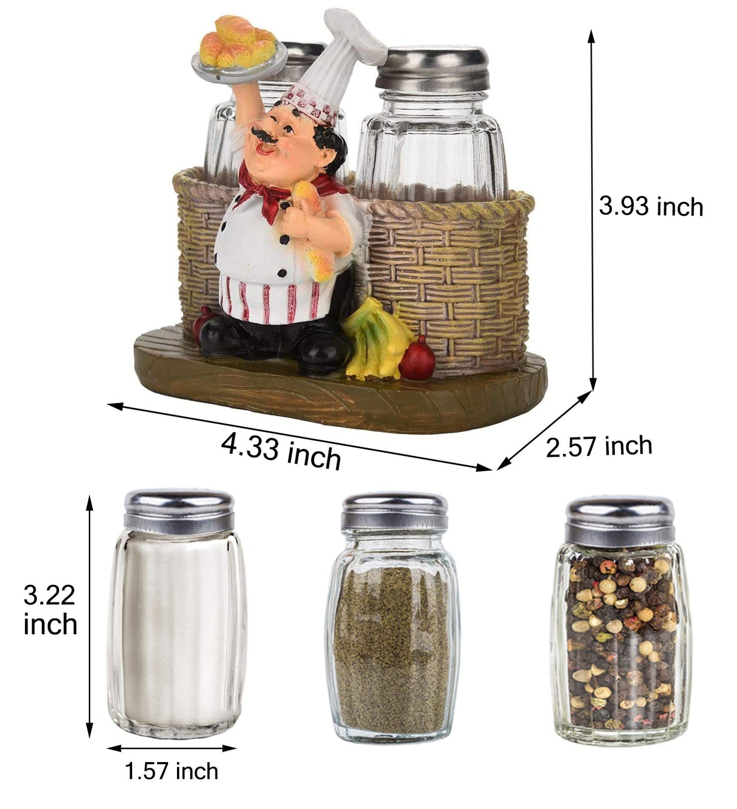 Salt and Pepper Shakers Set,Sitting Chef Decorative Statue Spice Organizer,Glass Spice Jars with Holder Figurine Gift for Family,Kitchen,Restaurant, Cafe,Bakery (Bread)