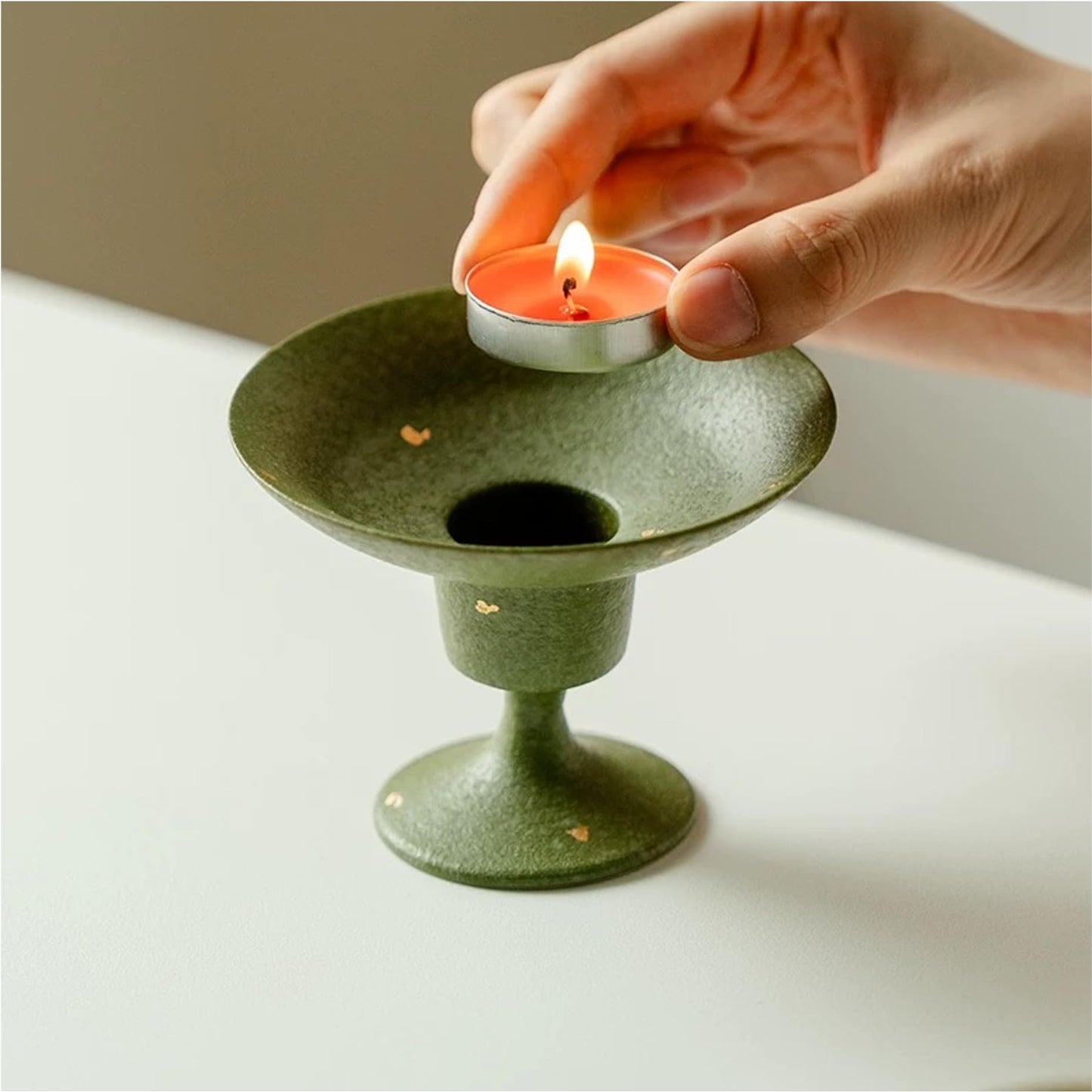 Hermit Life Incense Stick Holder with Fresh Lime-Green Glaze, Ceramic Incense Burner with Ash Catcher, Candlestick Holder for Table Décor (Round Rim)