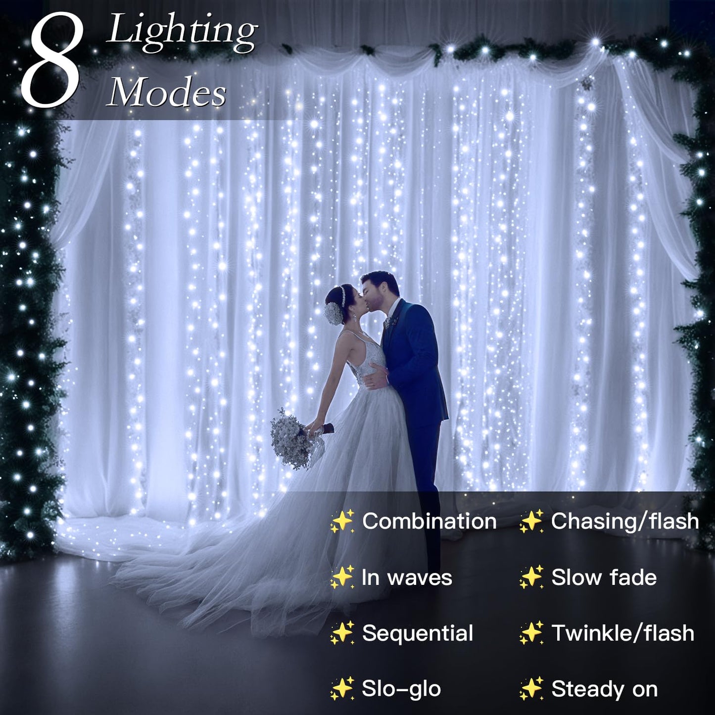 Soagrc 300 LED Cool White Curtain String Lights 9.8x9.8FT Plug in Fairy Lights with 9 Hooks Dimmable Timer & 8 Modes IP44 Waterproof Bedroom Office Wall Wedding Backdrop Christmas Indoor Outdoor Decor