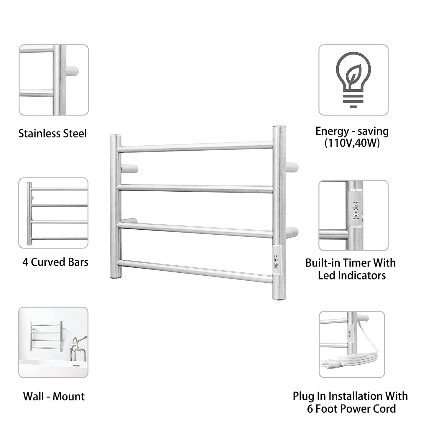 KEG Towel Warmer 8 Bars for Bathroom Freestanding or Wall Mounted Bath Towel Heater Plug-in with Built-in Timer Silver