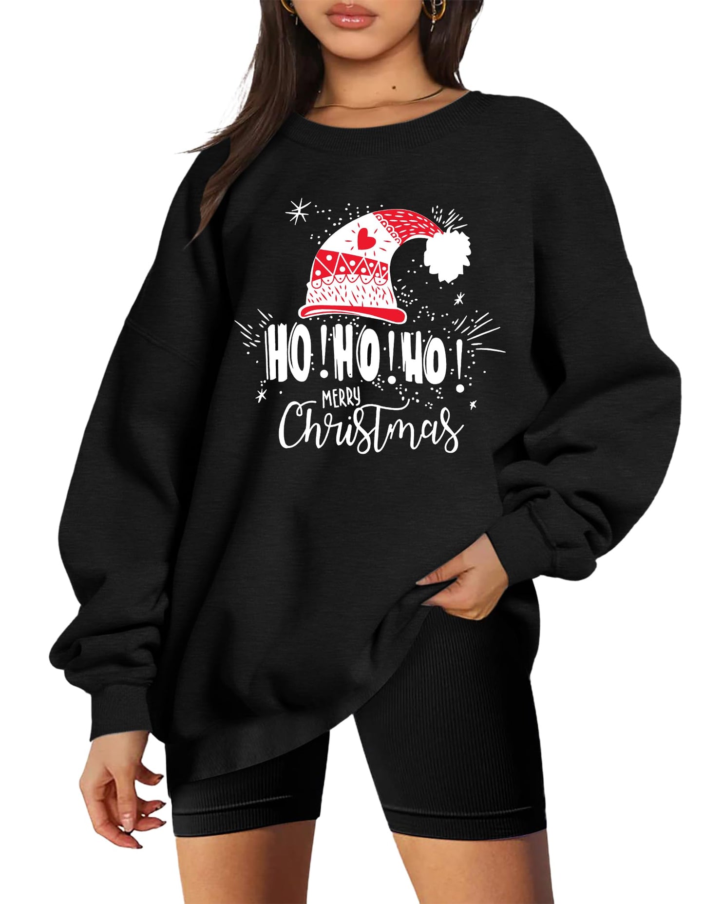 LHBNK Christmas Sweatshirts Women HoHoHo Christmas Sweatshirt Funny Santa Graphic Xmas Oversized Pullover Tops Black