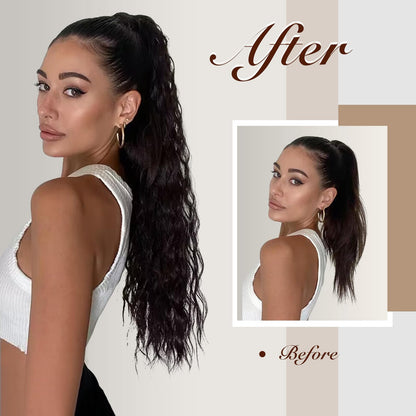 FESHFEN Long Curly Wavy Drawstring Ponytail Extensions Clip in Wavy Synthetic Hairpieces Ash Blonde Drawstring Ponytail Curly Hair Piece Pony Tail Extension for Women, 26 inch