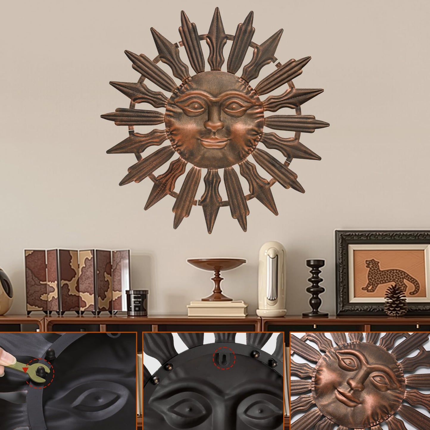 VESTCDF Metal Sun Wall Art Decor Outdoor Metal Wall Art Sun Outdoor,Large Wall Decorations for Garden, Sun Wall Art Metal Sun Face Art(Brown)