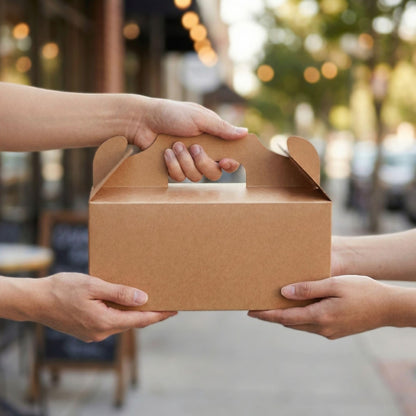 Restaurantware-Bio Tek 10.2 x 5.9 x 6.9 Inch Treat Boxes With Handles, 100 Rectangle Gable Boxes - With Secure Tab, Grease-Resistant, Kraft Paper Cardboard Boxes, Recyclable