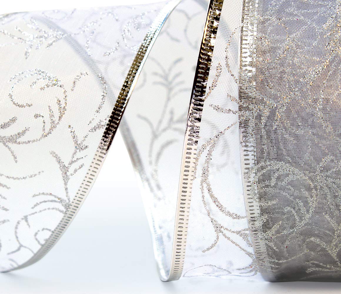 Wire Edged Ribbon Silver Sheer Organza Gift Wrap Ribbon 50 Yards x 2.5 inch Wide Clearance Metallic Wired Trim & Glitter Decorative White 1 Roll Large