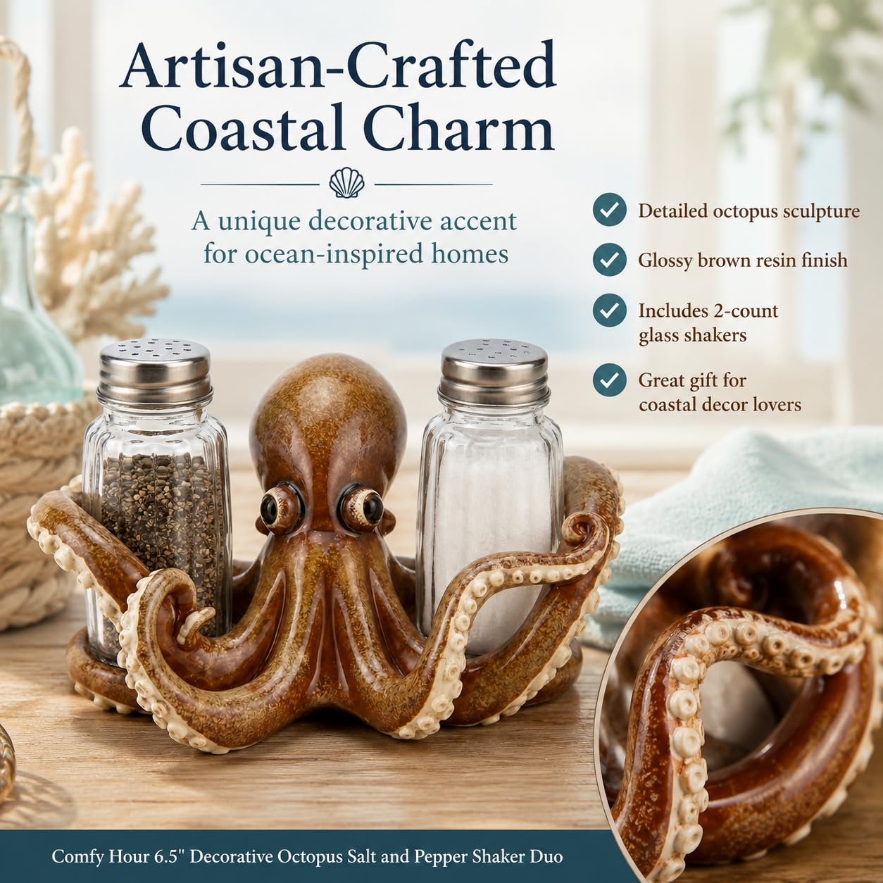 Comfy Hour Decorative Octopus Salt and Pepper Shaker Duo, Artisan Crafted Coastal Sea Life Figurine Holder for Kitchen Tabletop, Includes 2-Count Glass Bottles, 6.1"L x 4.3"W x 3.5"H, Brown Resin