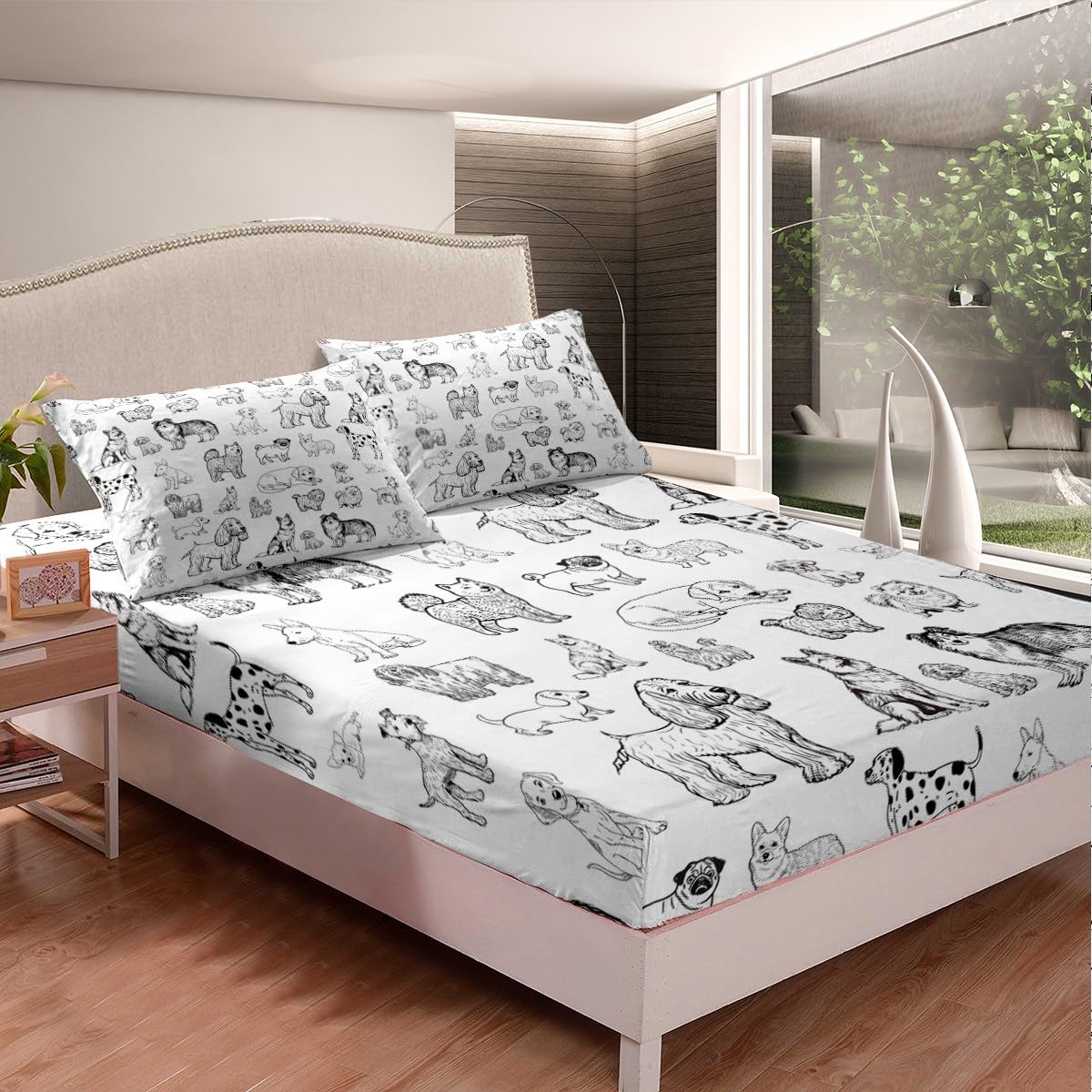 Cartoon Dog Fitted Sheet Full Size Black White Dog Puppy Sketch Bedding Set 3Pcs for Kids Girls Boys Adult Room Decor Cute Pet Animals Bed Sheet Soft Lightweight Deep Pocket Sheet,2 Pillowcase