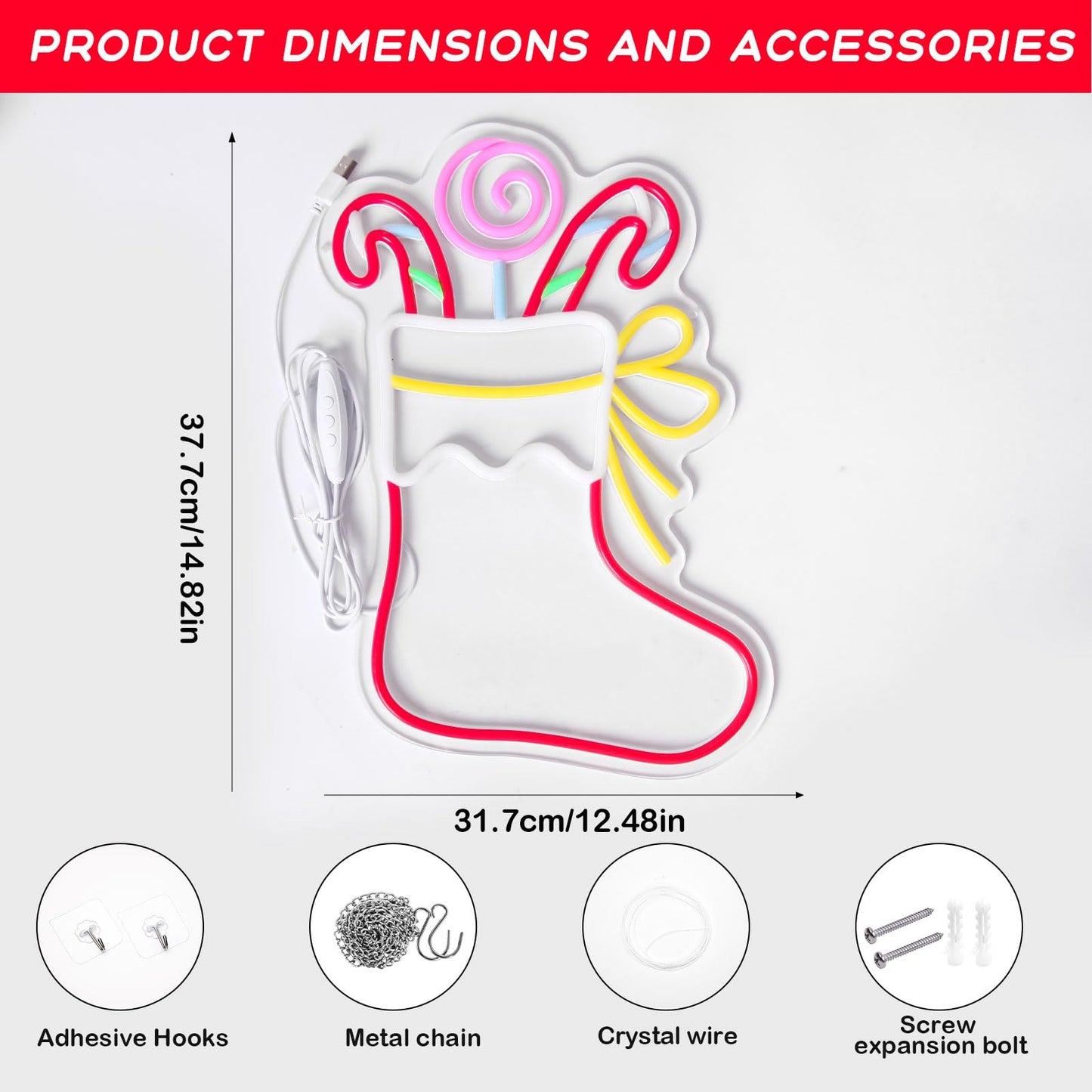Mvorixa Christmas Stocking Neon Sign, Dimmable LED Neon Christmas Wall Lights, Xmas Decoration for Indoor Holiday Party, Kids Bedroom, Living Room, Bar, Pub, Xmas Tree, Window Display Decor, New Year Gift