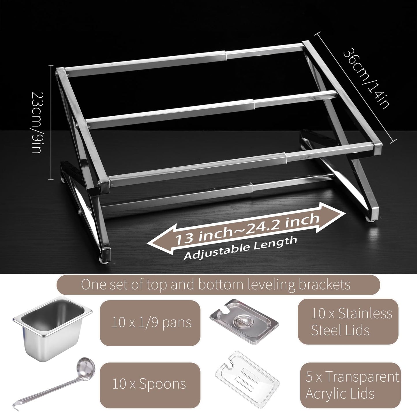 SHPii Two Tier Adjustable Stainless Steel Spice Organizer Set of 10 Pots with Spoons Commercial Kitchen Spice Rack Sauce Rack Buffet Counter Milk Tea Shop Multifunctional Shelf (Double Slant)