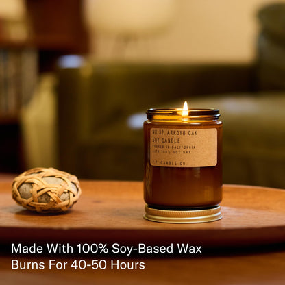 P.F. Candle Co. Arroyo Oak Classic Standard Scented Soy Wax Candle (7.2 oz) 40-50 Hour Burn Time, Amber Glass Jar, Made in The U.S.A.
