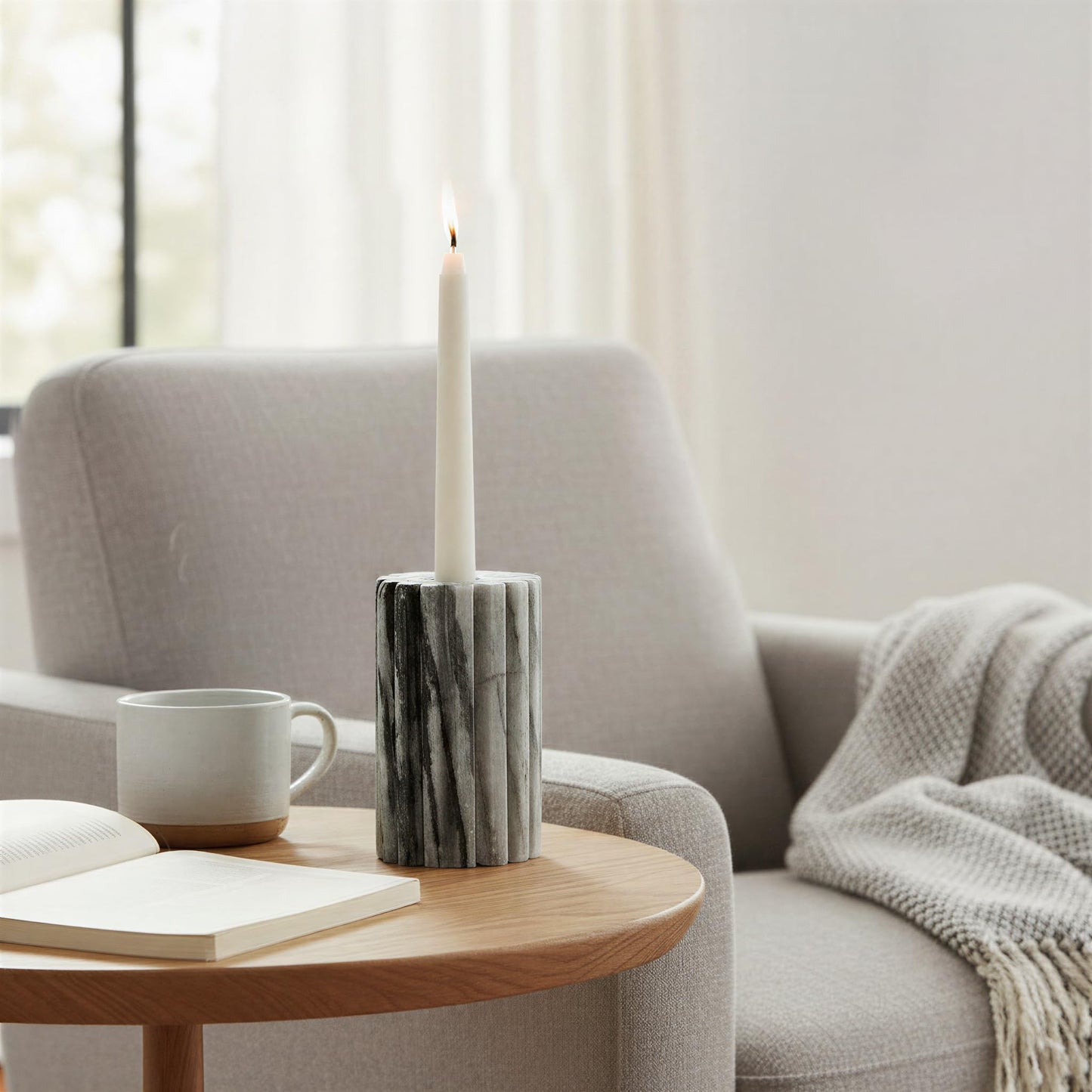 Bloomingville Round Marble Fluted 2-Sided Tealight/Taper Candle Holder, Black Mélange